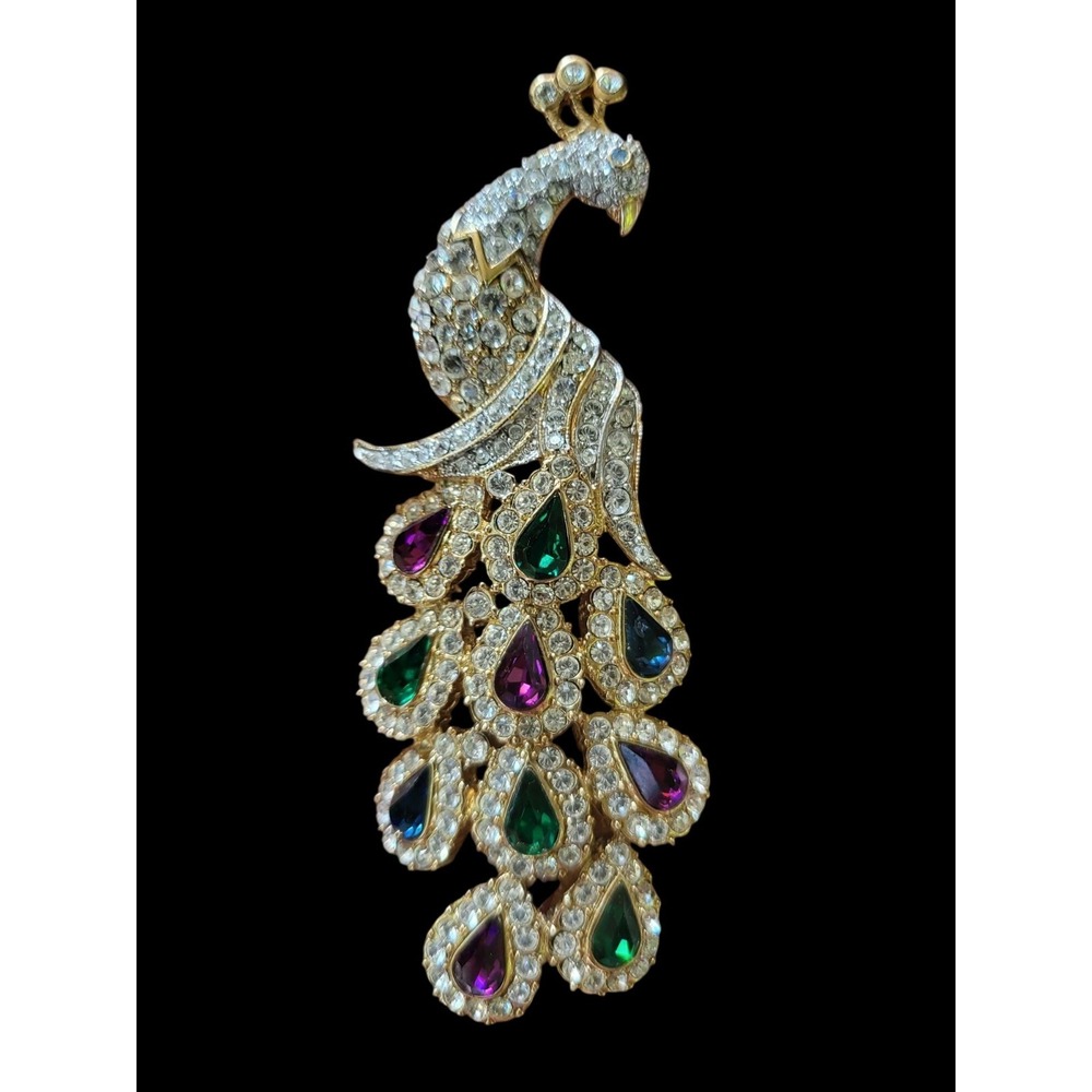 NOLAN MILLER Prosperous Peacock Brooch Multi Color Crystal Gold Tone Vintage